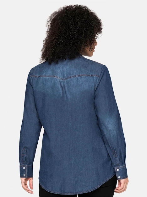 Jeansbluse Jeansbluse mit Druckknöpfen Langarm Uni Hemdkragen