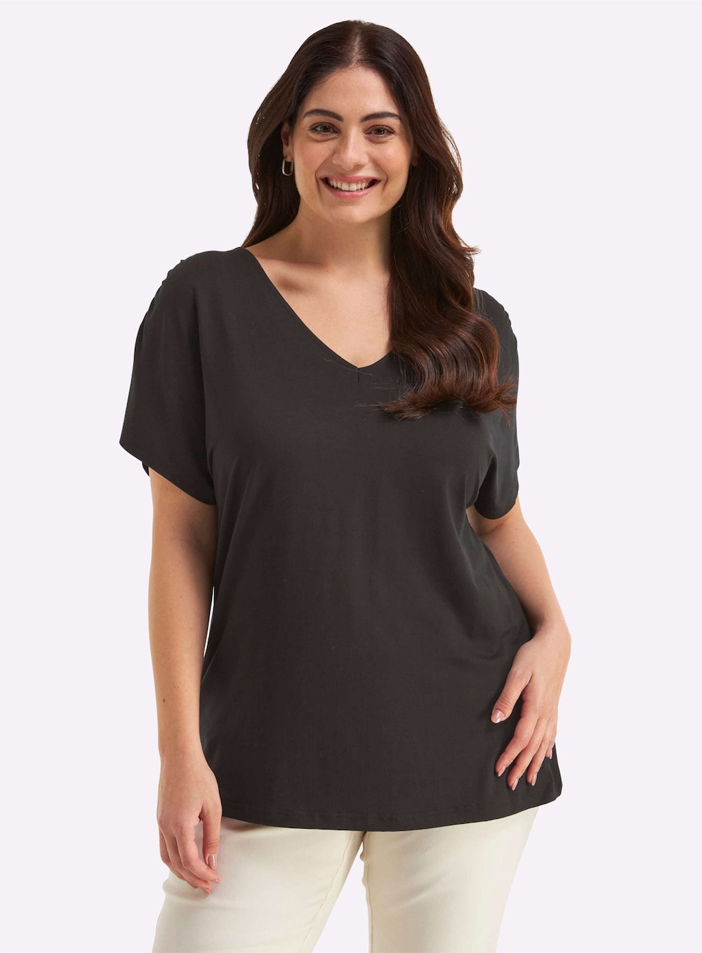 Halbarmshirt V-Shirt mit Raffungen an der Schulternaht Kurzarm