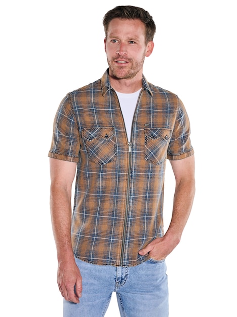 Herren Kurzarm-Hemd mit Reißverschluss , Cognac