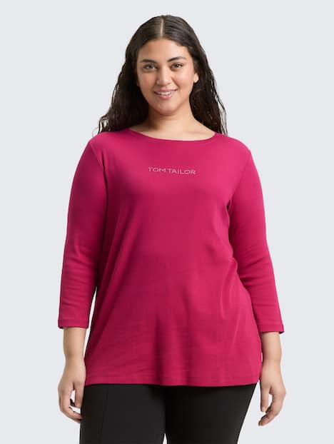 Tom Tailor Women PLUS T-Shirt Plus Size - Slim Fit Langarmshirt mit Glitzer-Logo