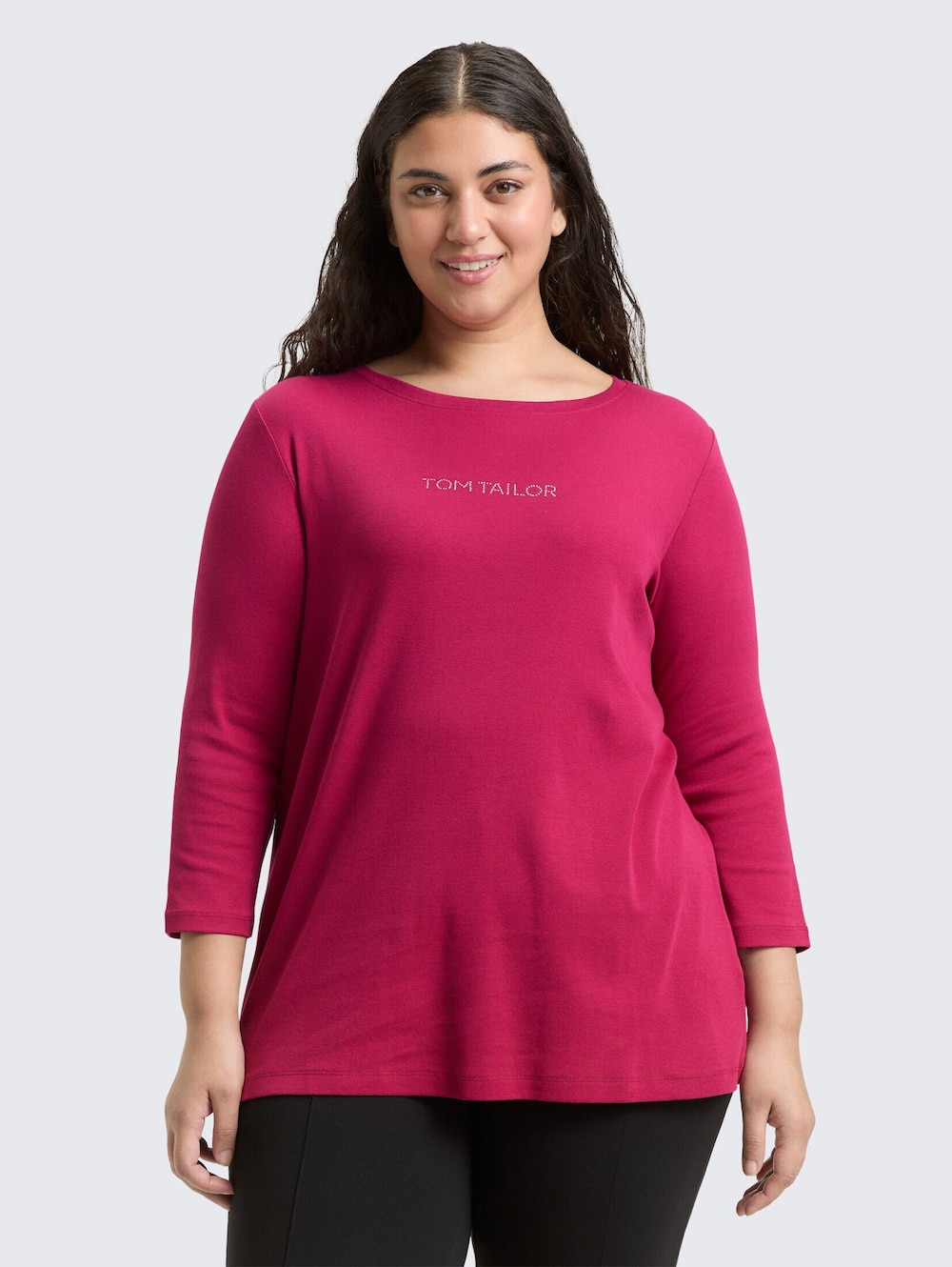 Tom Tailor Women PLUS T-Shirt Plus Size - Slim Fit Langarmshirt mit Glitzer-Logo