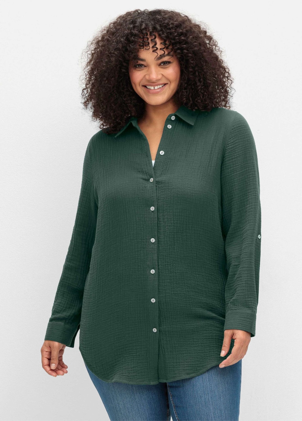 Hemdbluse Baumwollbluse in Musselinqualität Langarm Uni Hemdkragen