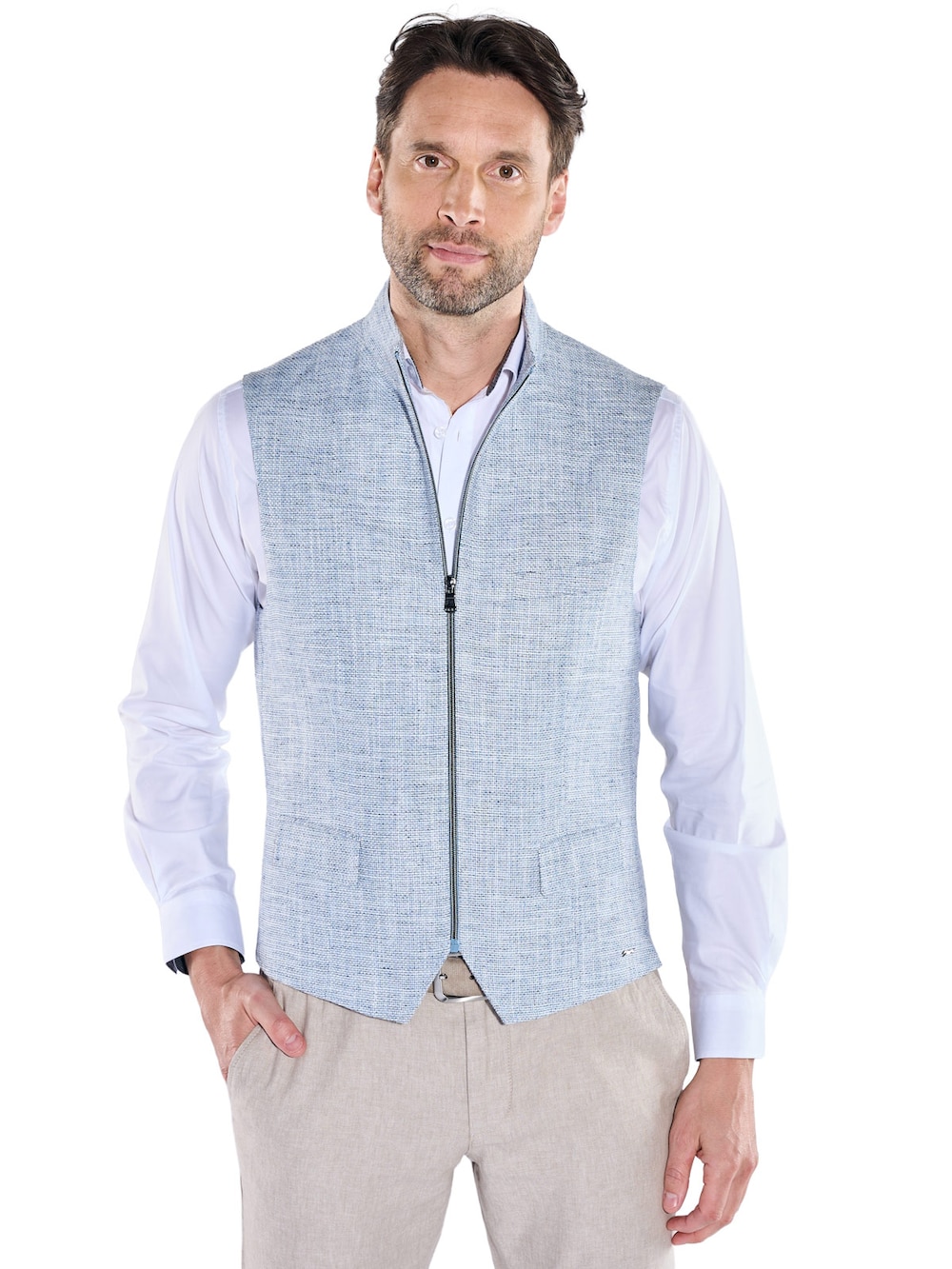 Herren Sakko Weste aus Leinenmix mit Reißverschluss , Hellblau