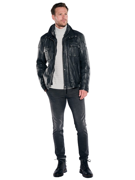 Herren Lederjacke mit herausnehmbarem Inlet , Schwarz
