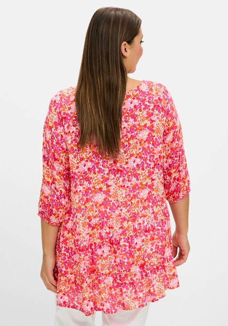 Druckbluse 3/4-Arm Blumen Ohne Kragen