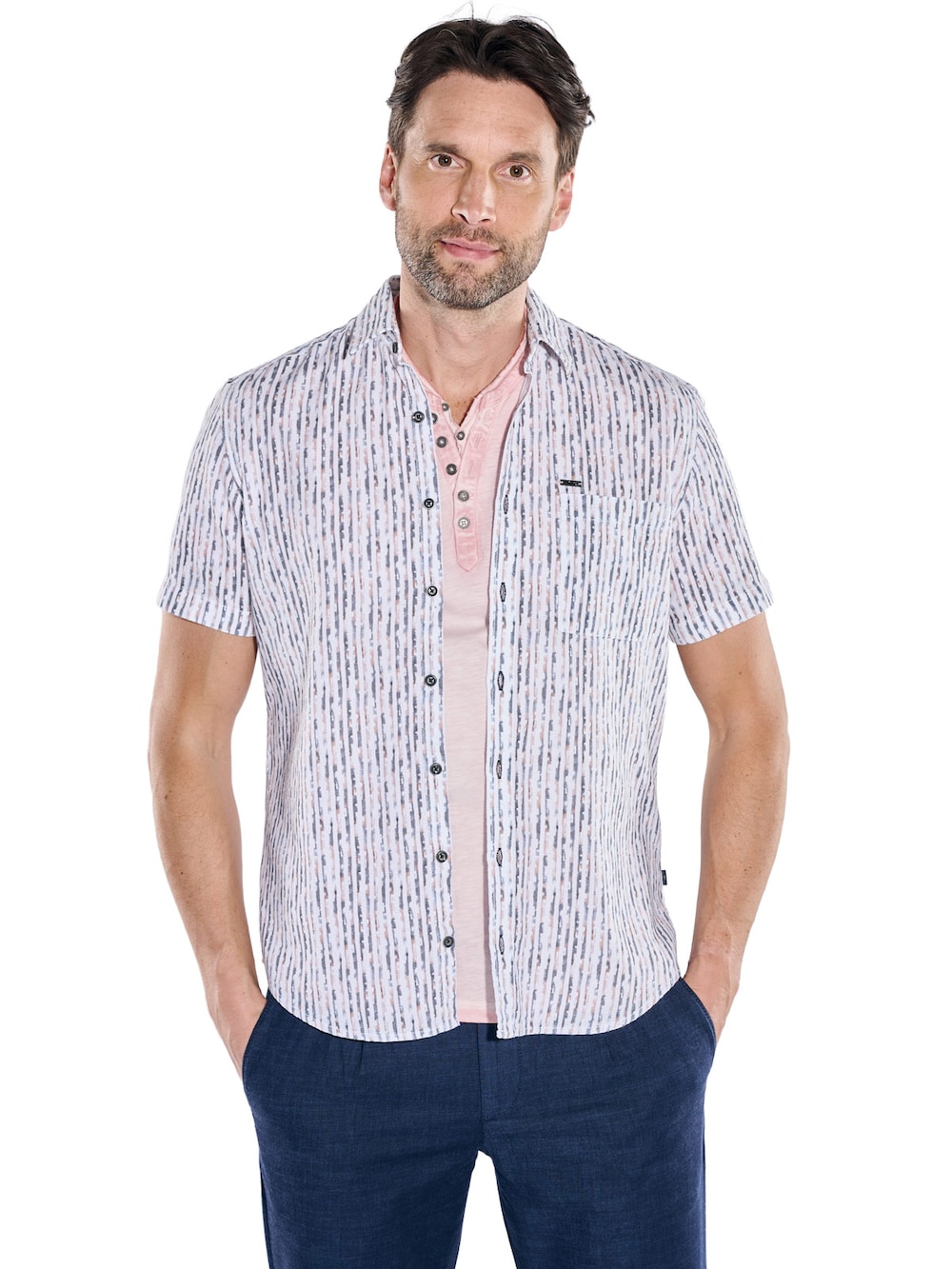 Herren Kurzarmhemd mit Streifen und Brusttasche , Rosa