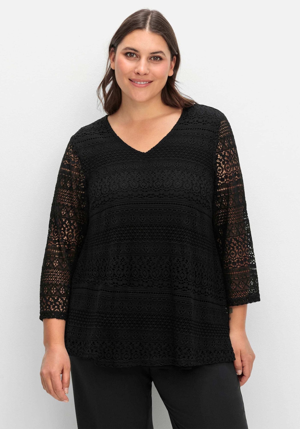 Spitzenshirt 3/4-Arm-Shirt aus elastischer Spitze, gefüttert 3/4-Arm Uni Ohne Kragen