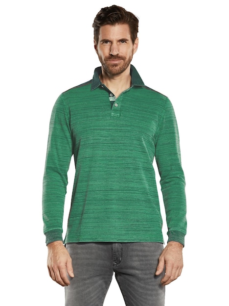 Herren Langarm-Shirt mit Polokragen , Grasgruen