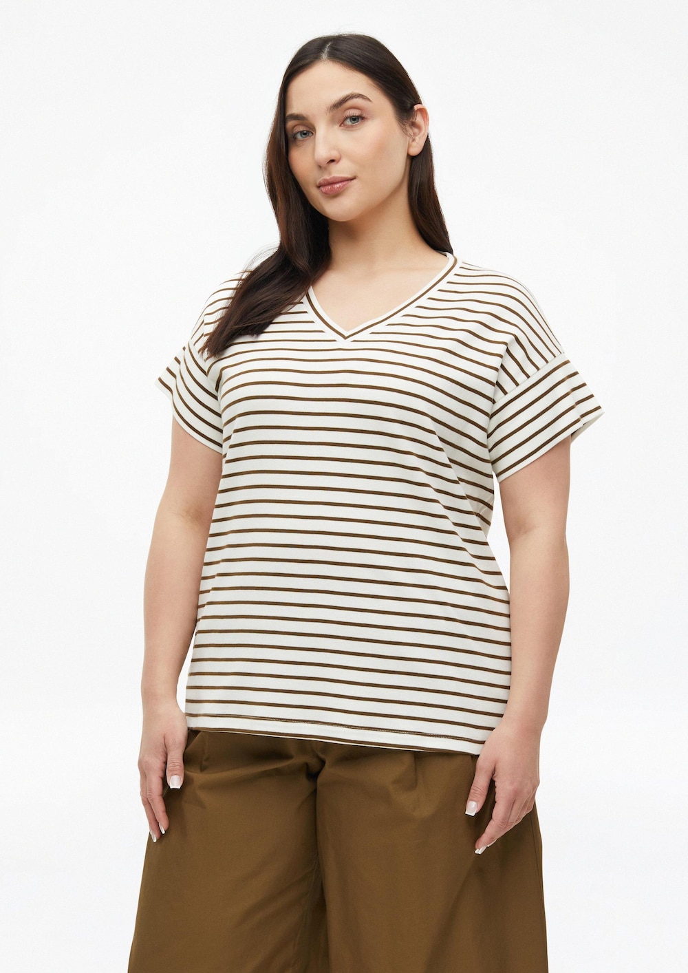 Gestreiftes Jersey-T-Shirt mit V-Ausschnitt