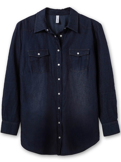 Jeansbluse Jeansbluse mit Druckknöpfen Langarm Uni Hemdkragen