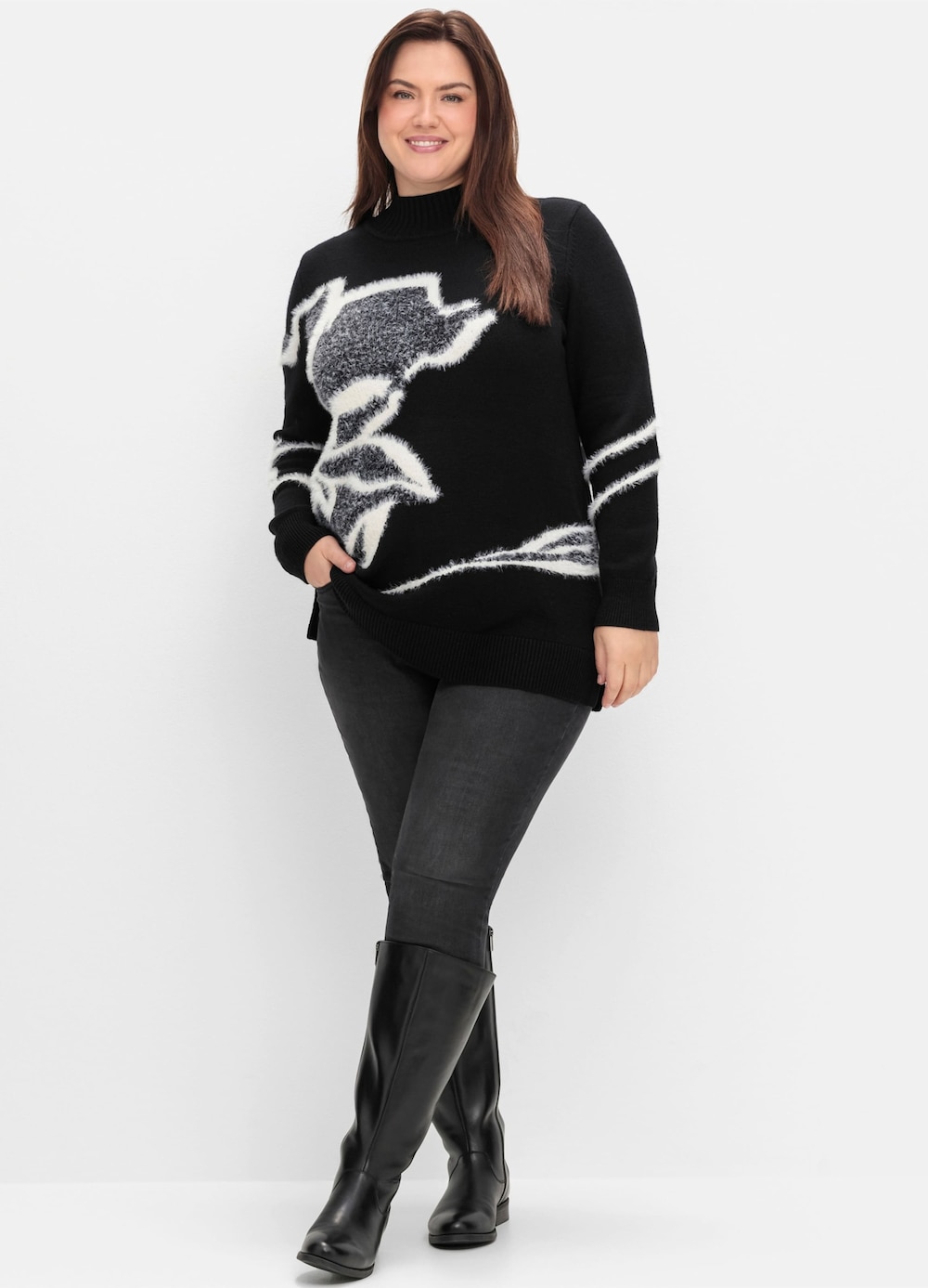 Stehkragenpullover Langarm Grobstrick Blumen Stehkragen