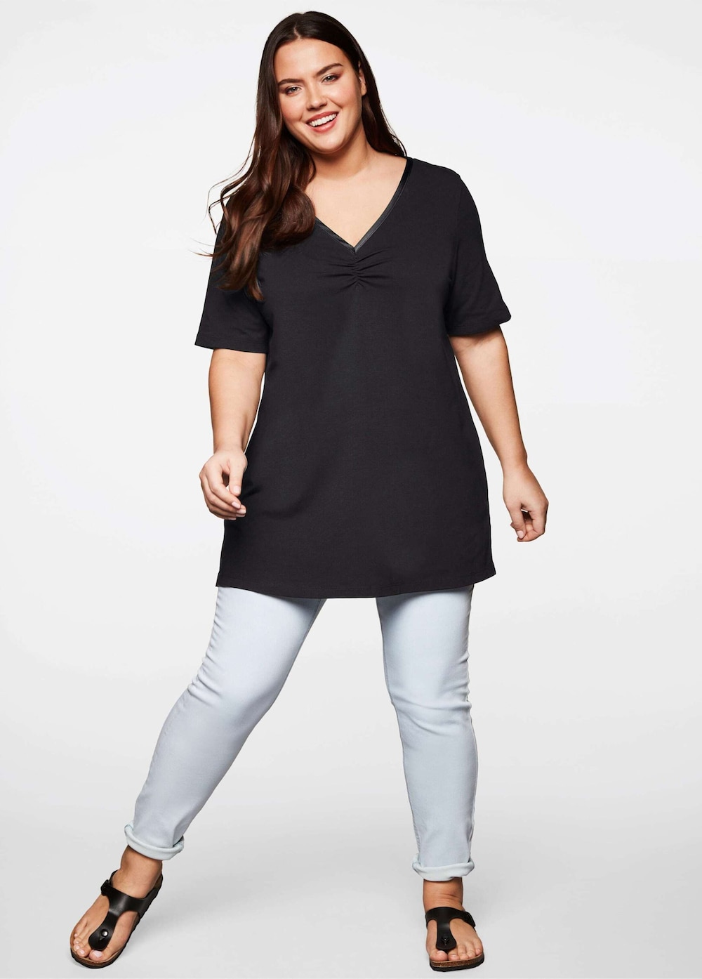 Longshirt Kurzarm Uni Ohne Kragen