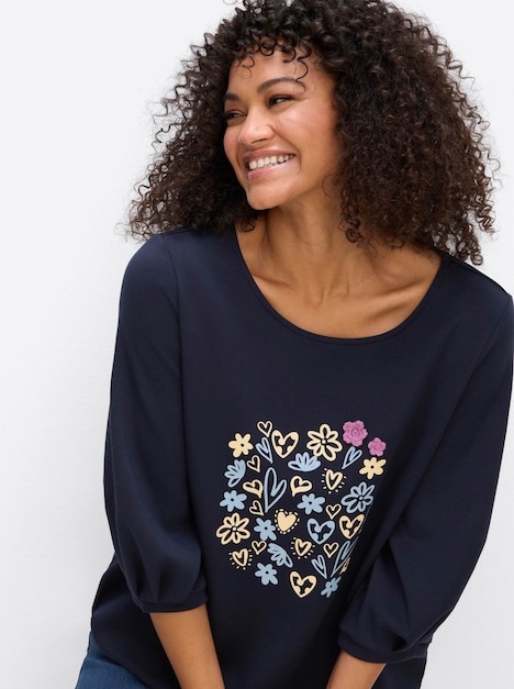 Sweatshirt Sweatshirt mit Frontprint und Häkelblumen 3/4-Arm Ohne Kragen