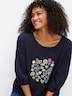 Sweatshirt Sweatshirt mit Frontprint und Häkelblumen 3/4-Arm Ohne Kragen