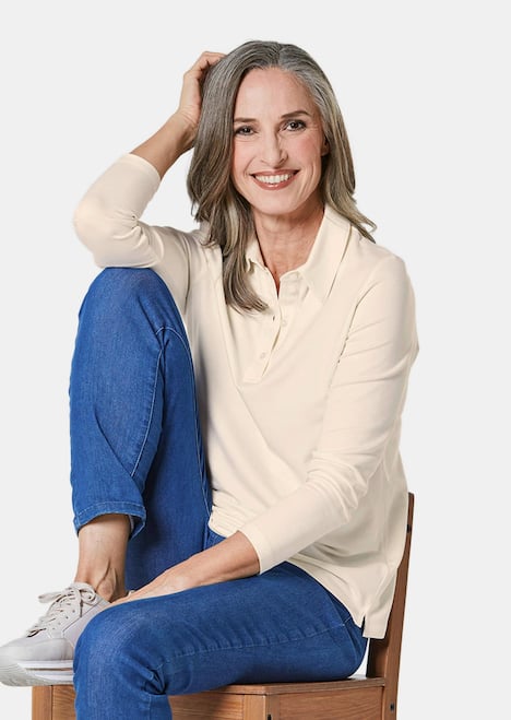 GOLDNER Poloshirt Poloshirt met lange mouwen en sierband bij de knoopsluiting