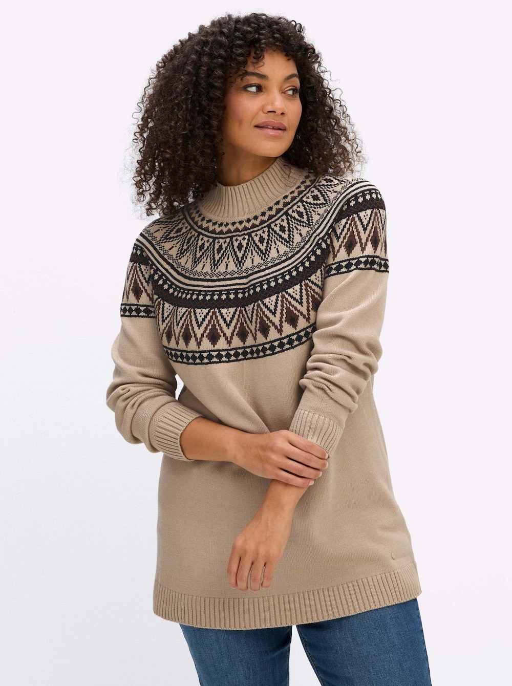 Langarm-Pullover Jacquardpullover im Norweger-Stil Langarm Stehkragen