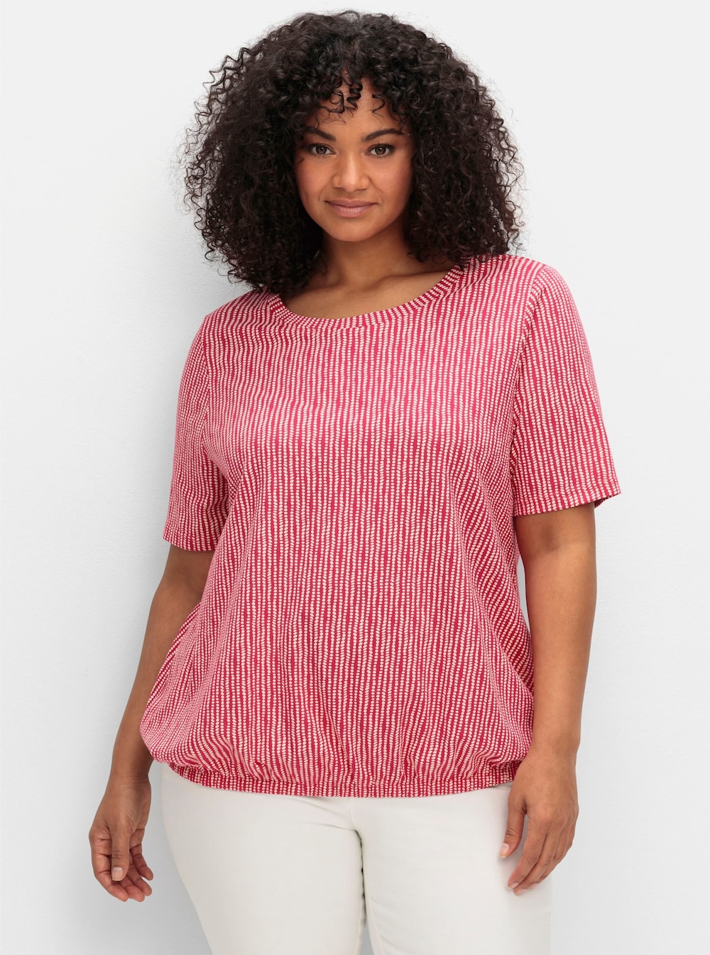 Rundhalsshirt Kurzarmshirt mit Minimal-Alloverdruck und Gummizugbund Kurzarm Sonstiges Muster Ohne Kragen