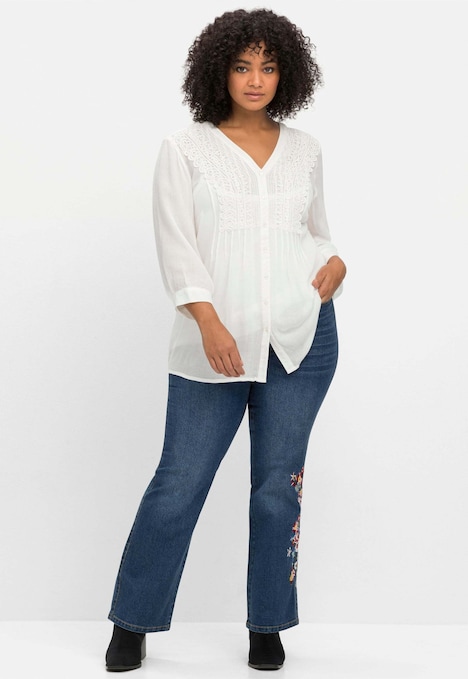 Longbluse 3/4-Arm Uni Ohne Kragen
