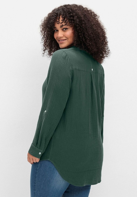 Hemdbluse Baumwollbluse in Musselinqualität Langarm Uni Hemdkragen