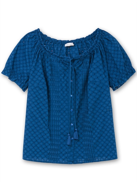 Kurzarmbluse Kurzarm-Bluse mit Lochstickerei und Carmen-Ausschnitt Kurzarm Uni