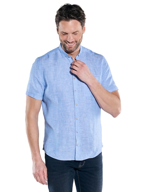 Herren Kurzarm-Hemd aus Leinen , Brilliantblau