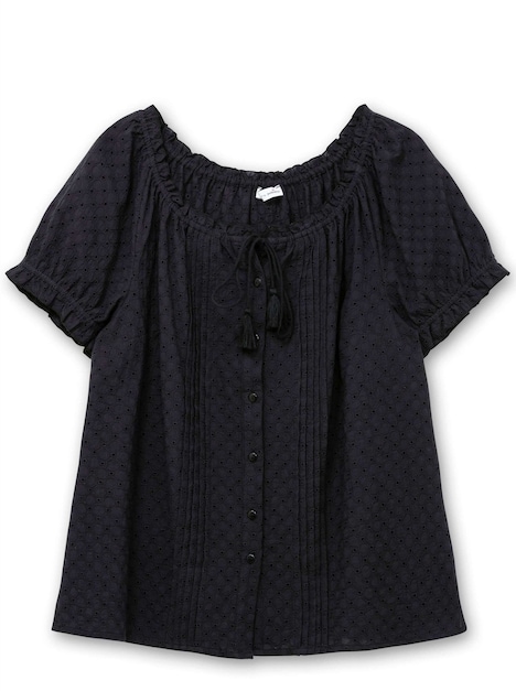 Kurzarmbluse Kurzarm-Bluse mit Lochstickerei und Carmen-Ausschnitt Kurzarm Uni