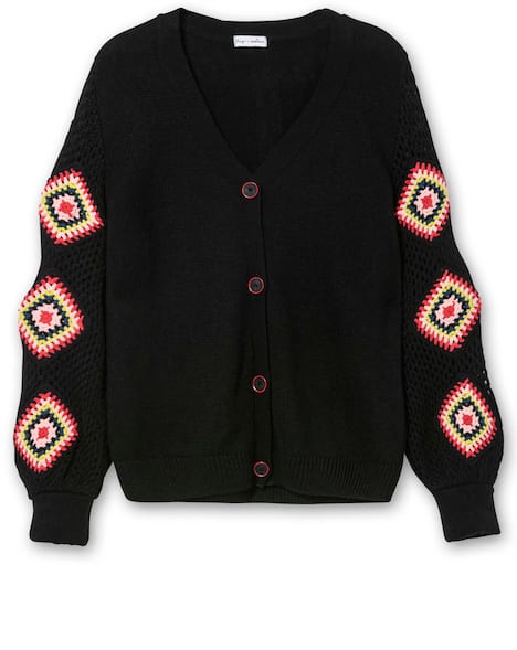 Strickjacke Langarm Ajour, Links-Strick Uni Ohne Kragen