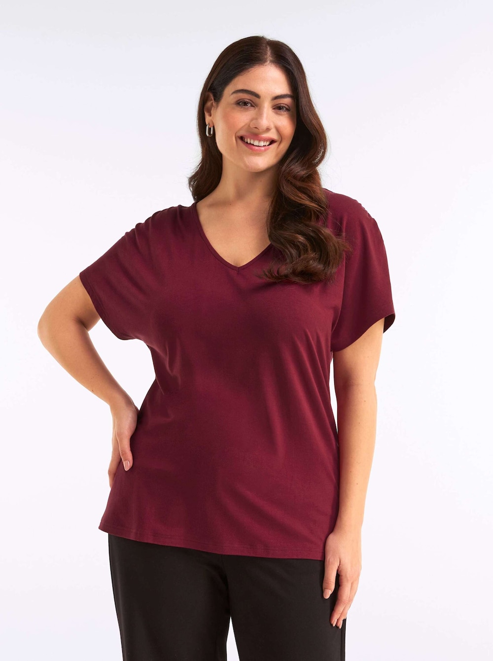 Halbarmshirt V-Shirt mit Raffungen an der Schulternaht Kurzarm