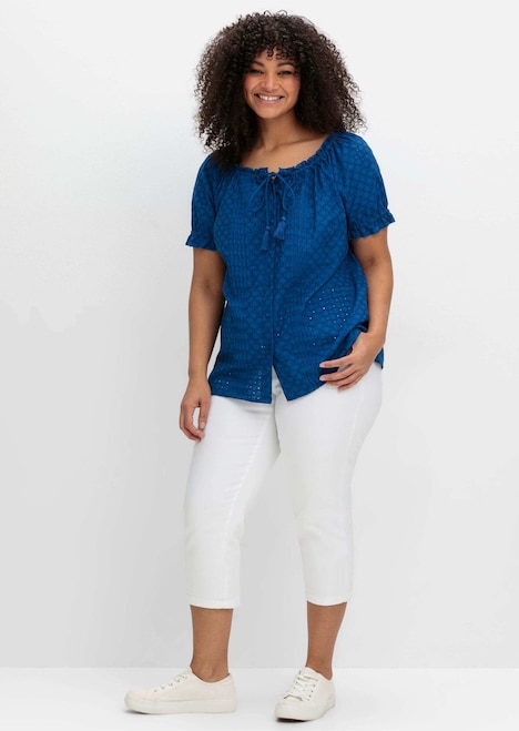 Kurzarmbluse Kurzarm-Bluse mit Lochstickerei und Carmen-Ausschnitt Kurzarm Uni