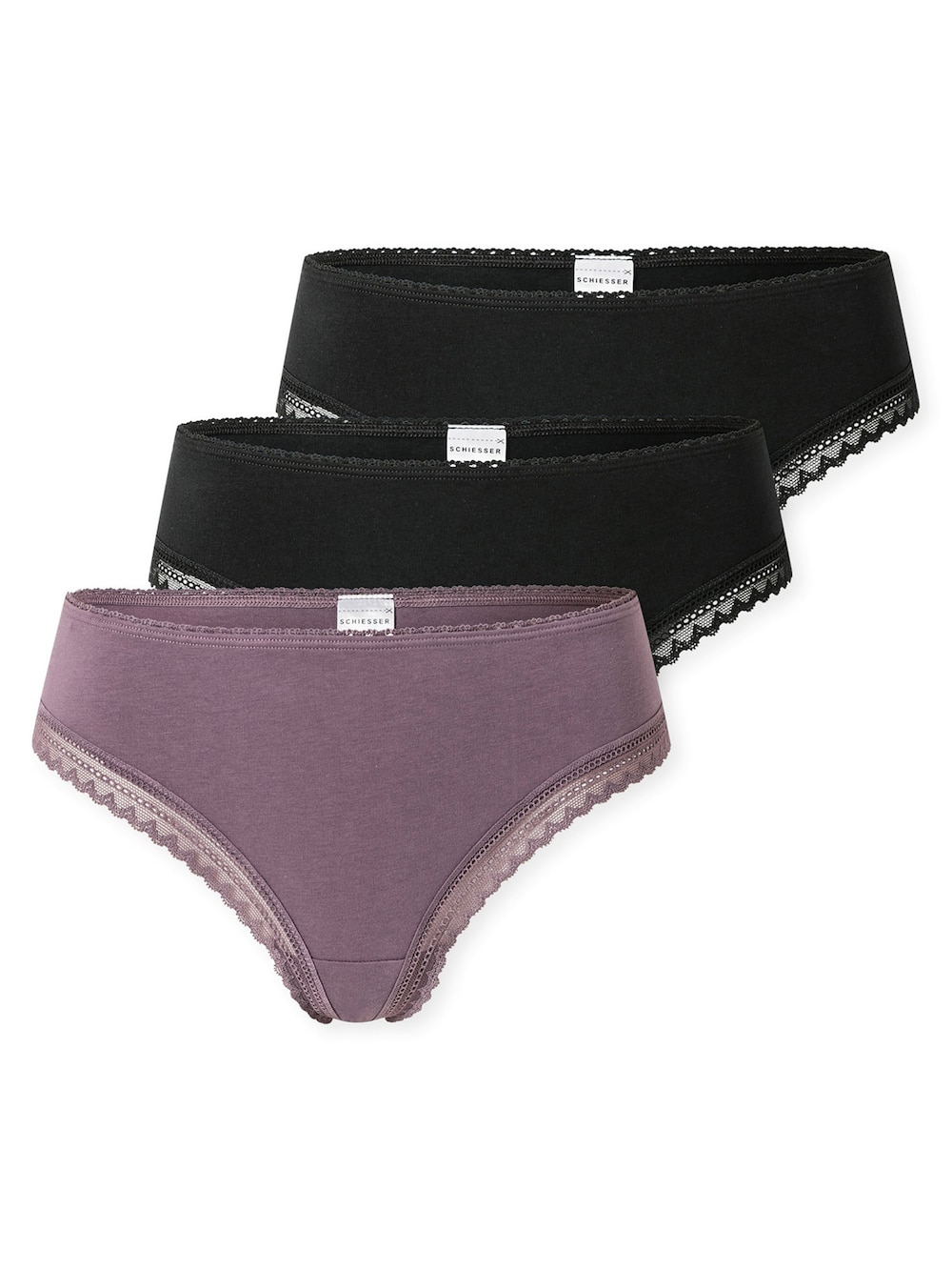 Schiesser Damen Tanga 3-Pack Cheeky String - schwarz, lila