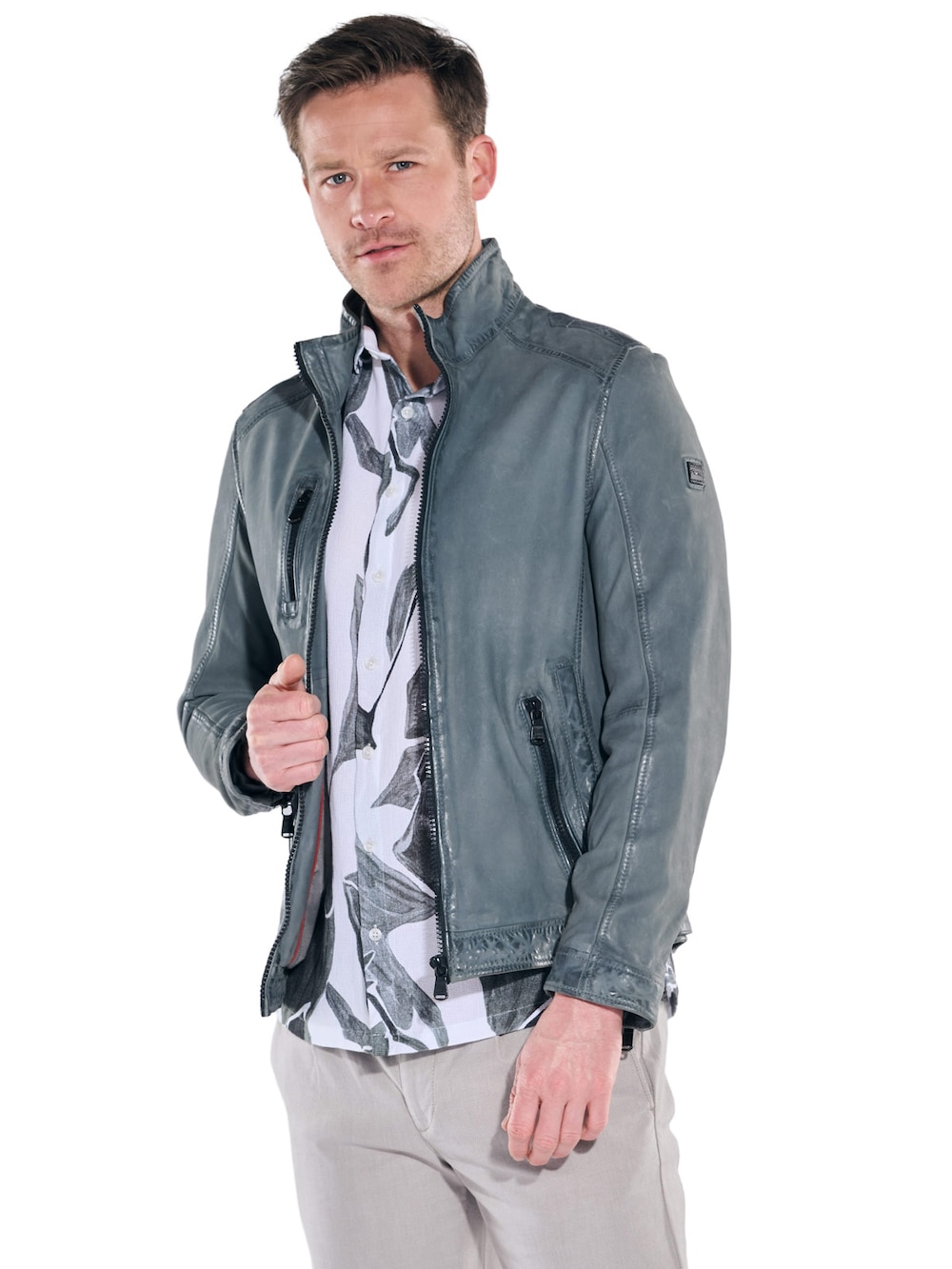 engbers Herren Lederjacke mit langem Stehkragen , Hellblau