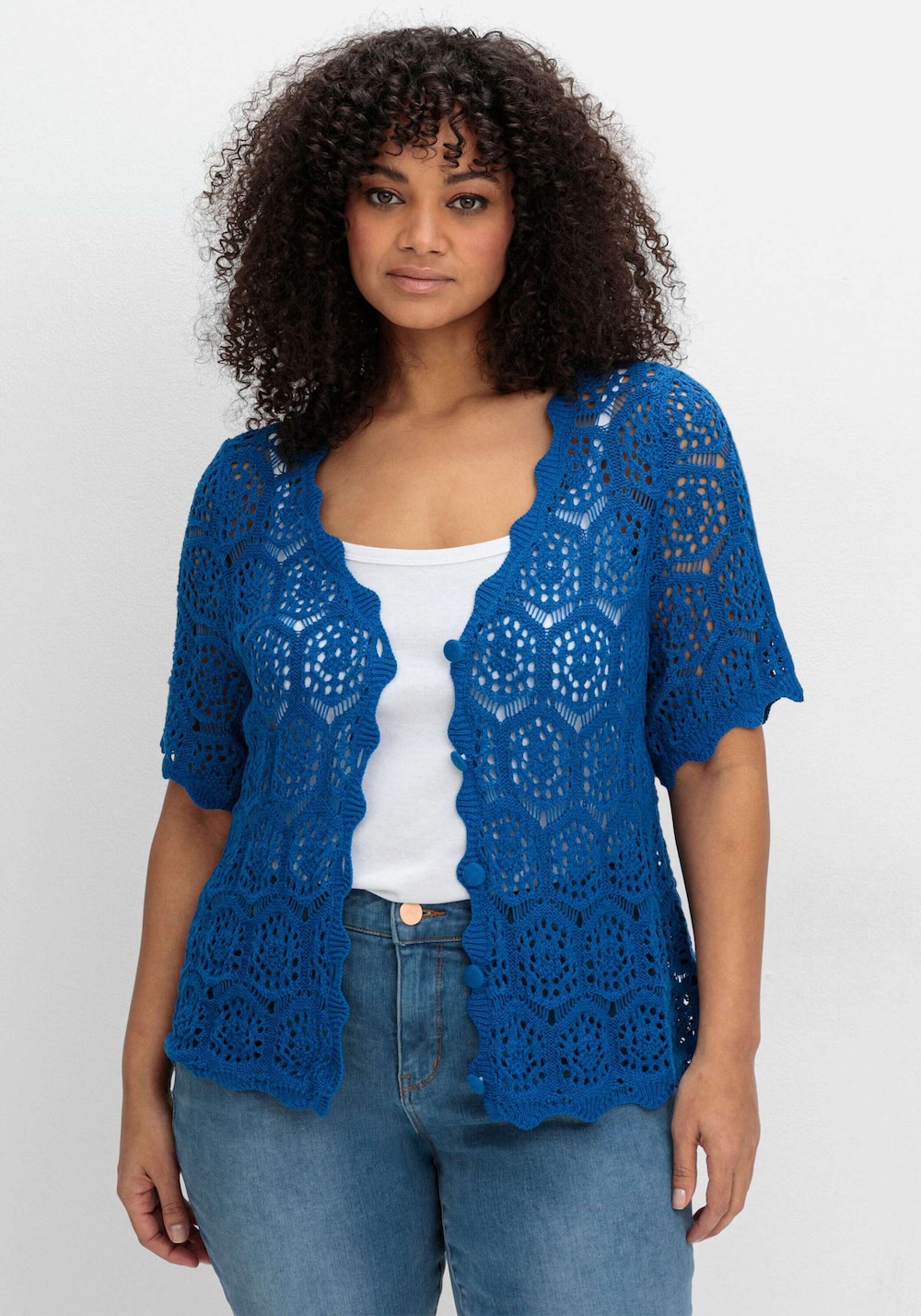 Strickjacke Kurzarm Grobstrick, Ajour Ohne Kragen