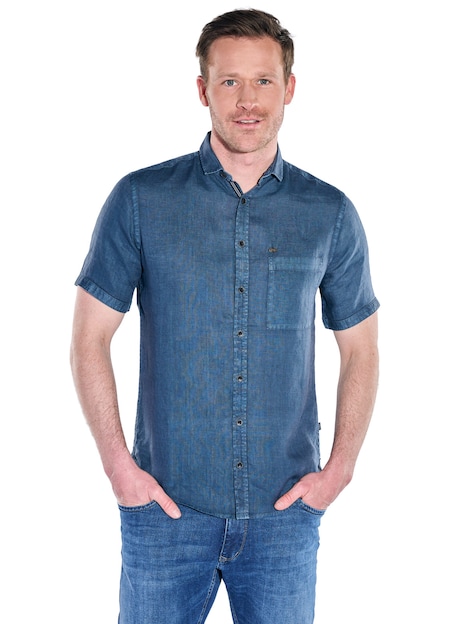 Herren Kurzarm-Hemd aus Leinen , Saphirblau