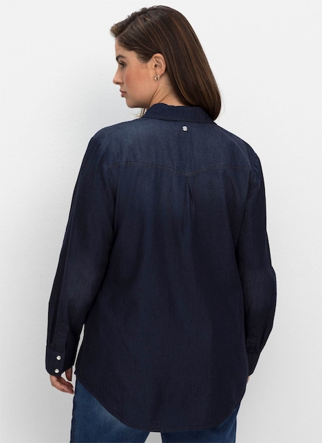 Jeansbluse Jeansbluse mit Druckknöpfen Langarm Uni Hemdkragen