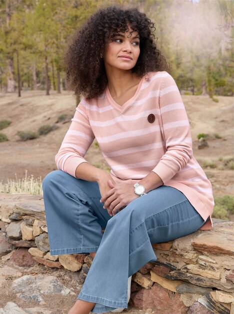 Strickpullover Streifenpullover mit V-Ausschnitt Langarm Ohne Kragen