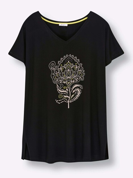 Kurzarm-Shirt Longshirt mit Ornament-Print Kurzarm Ohne Kragen