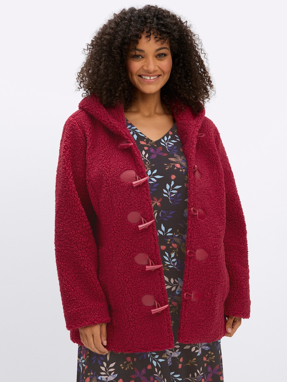 Teddy-Jacke Kapuzenplüschjacke mit Knebelknöpfen Langarm Kapuzenkragen
