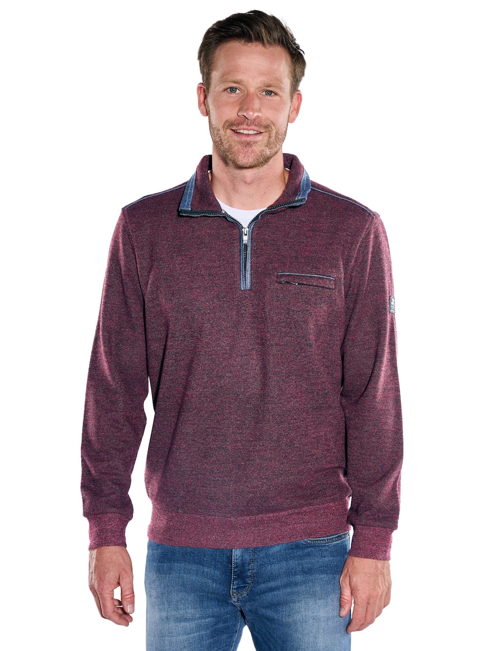 Herren Sweatshirt mit Stehkragen und Brusttasche , Dunkelrot