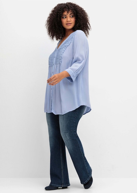 Longbluse 3/4-Arm Uni Ohne Kragen