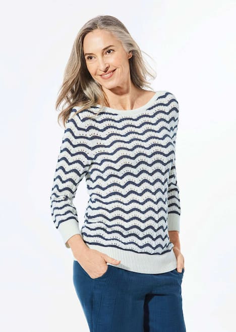 Ringelpullover mit 3/4-Arm und Ajourdetails