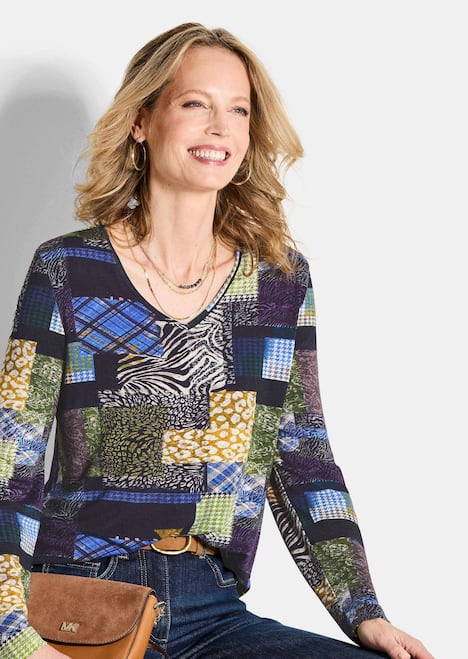 Langarm Viskose-Shirt mit V-Ausschnitt