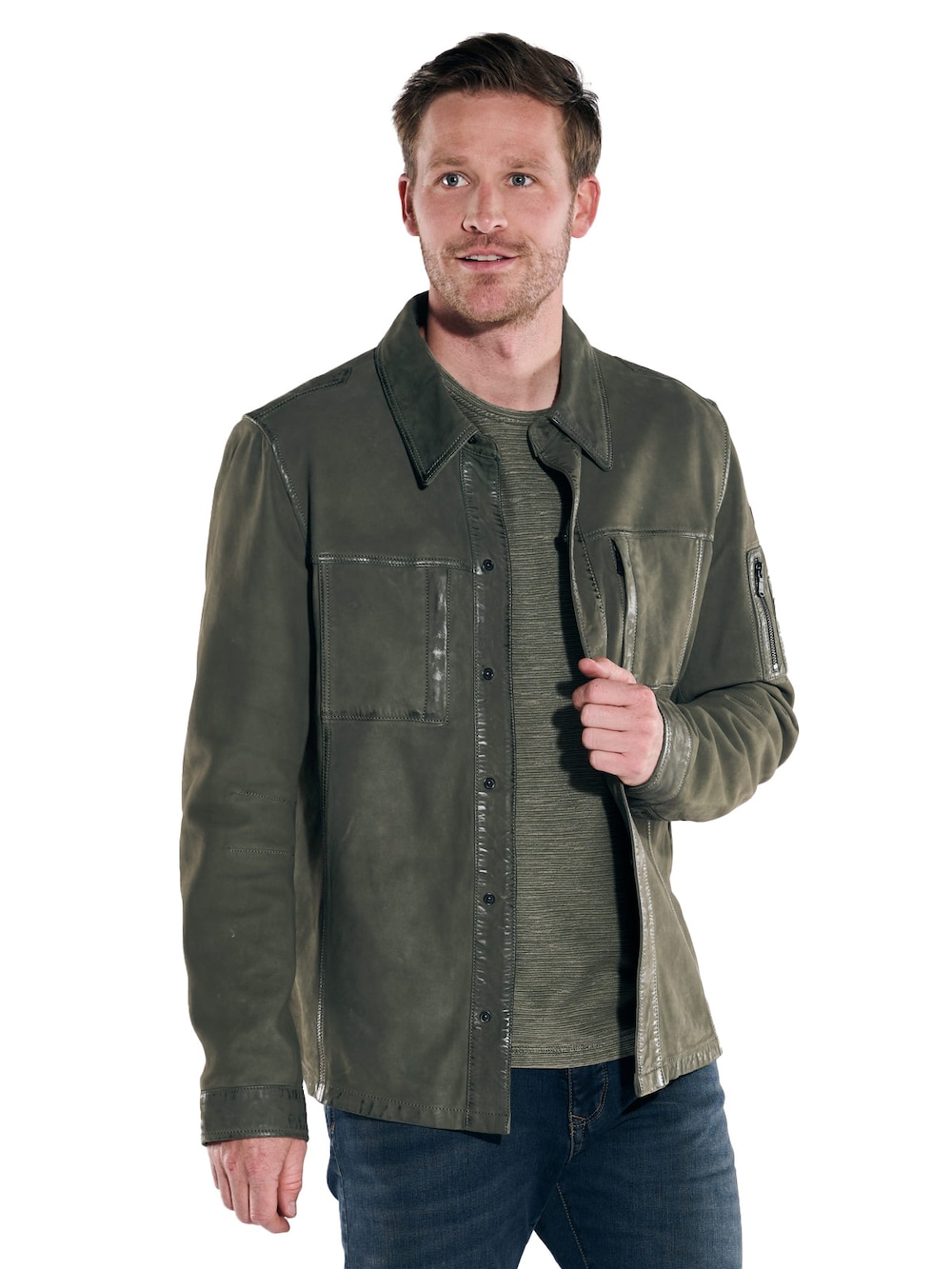 Herren Lederjacke regular , Oliv