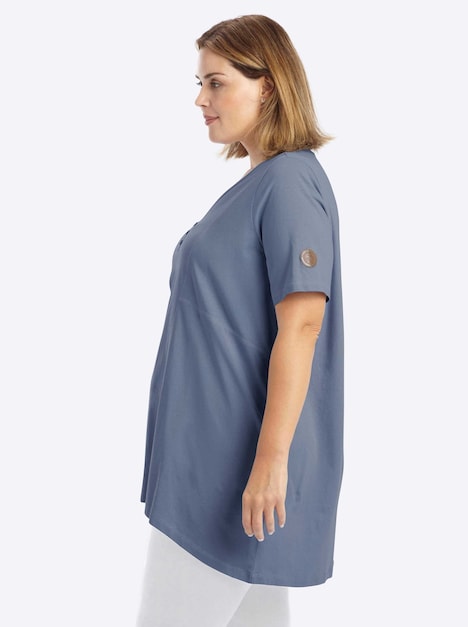 Halbarmshirt Longshirt mit gerundetem Saum Kurzarm
