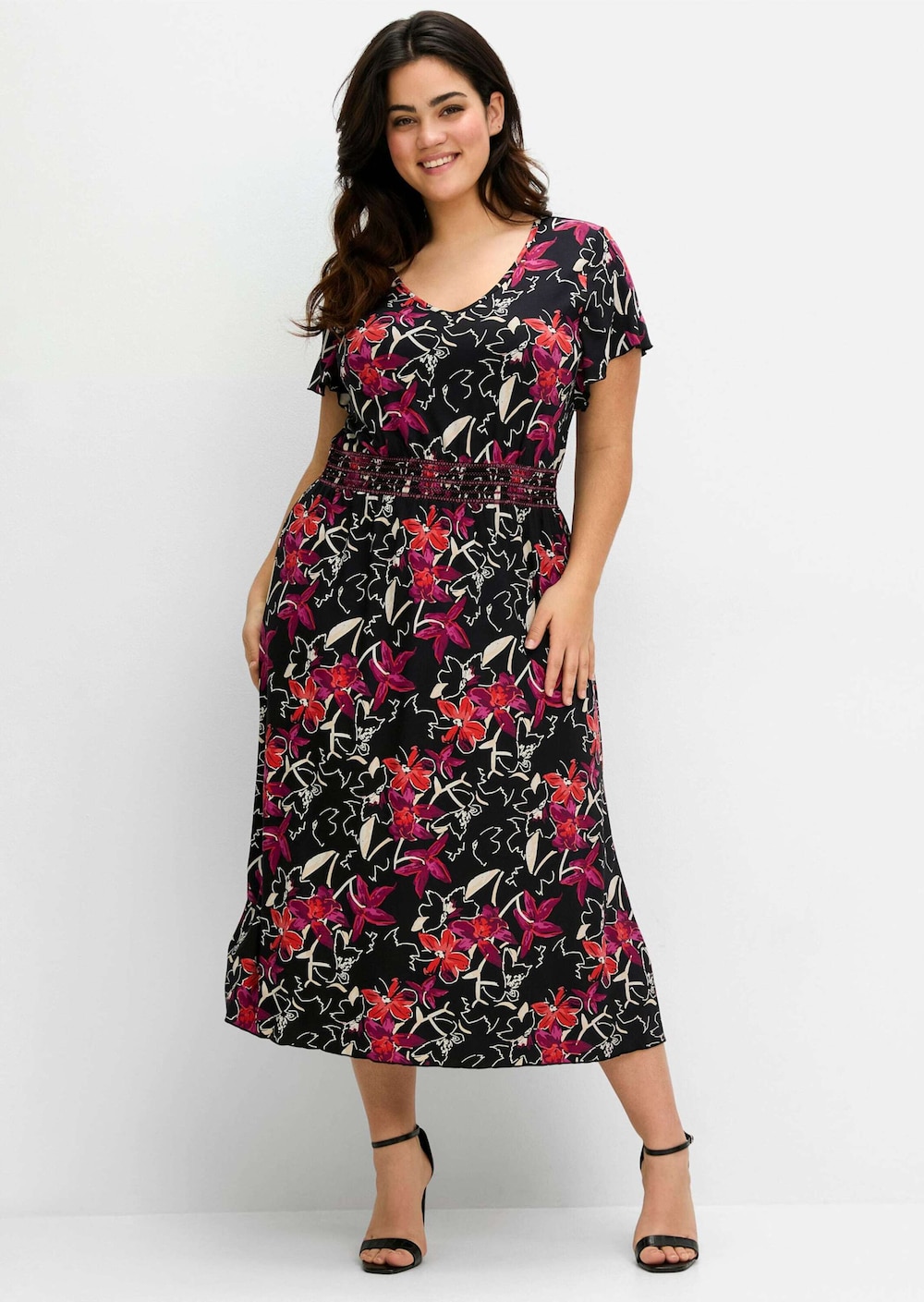 Jerseykleid Kurzarm Blumen Ohne Kragen