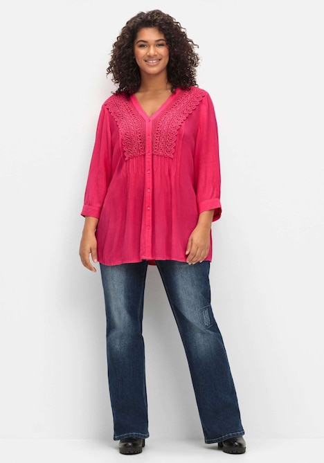 Longbluse 3/4-Arm Uni Ohne Kragen