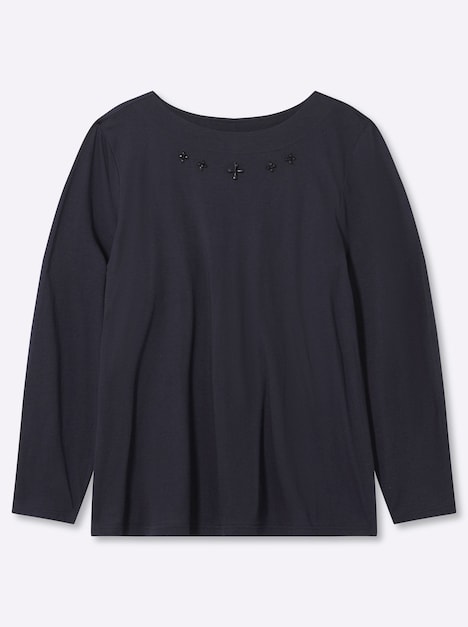 Langarm-Shirt Langarmshirt mit Zierperlen am Ausschnitt Langarm