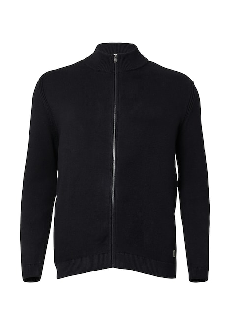 Baumwoll-Strickjacke mit Stehkragen und Logo-Patch