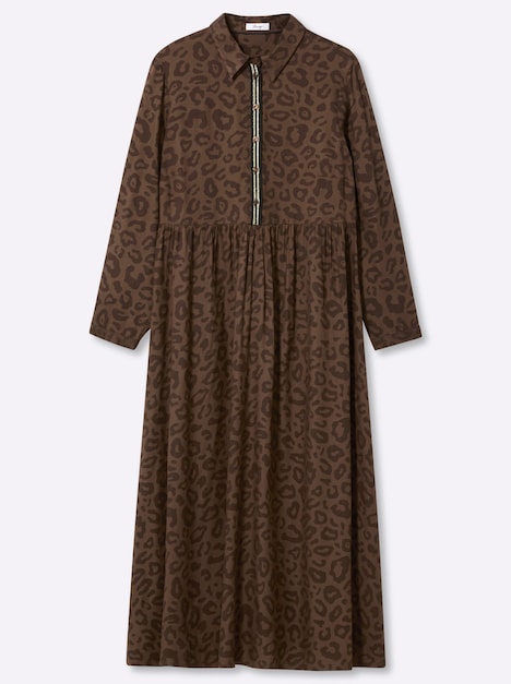 Kleid A-Linien-Kleid mit Leoprint Langarm Blusenkragen