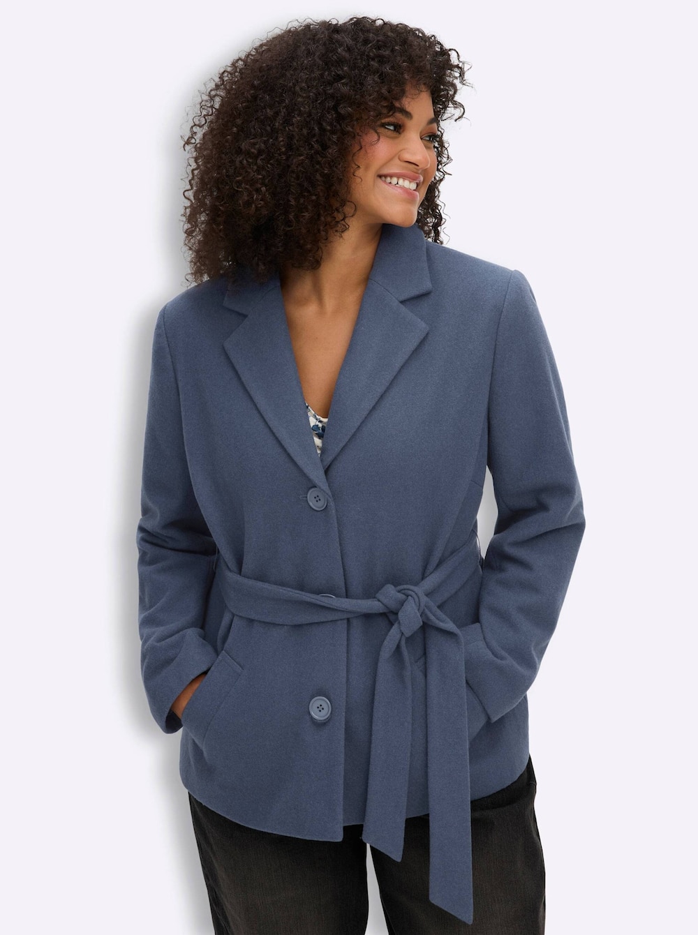 Woll-Jacke Wolljacke mit Bindegürtel Langarm Reverskragen