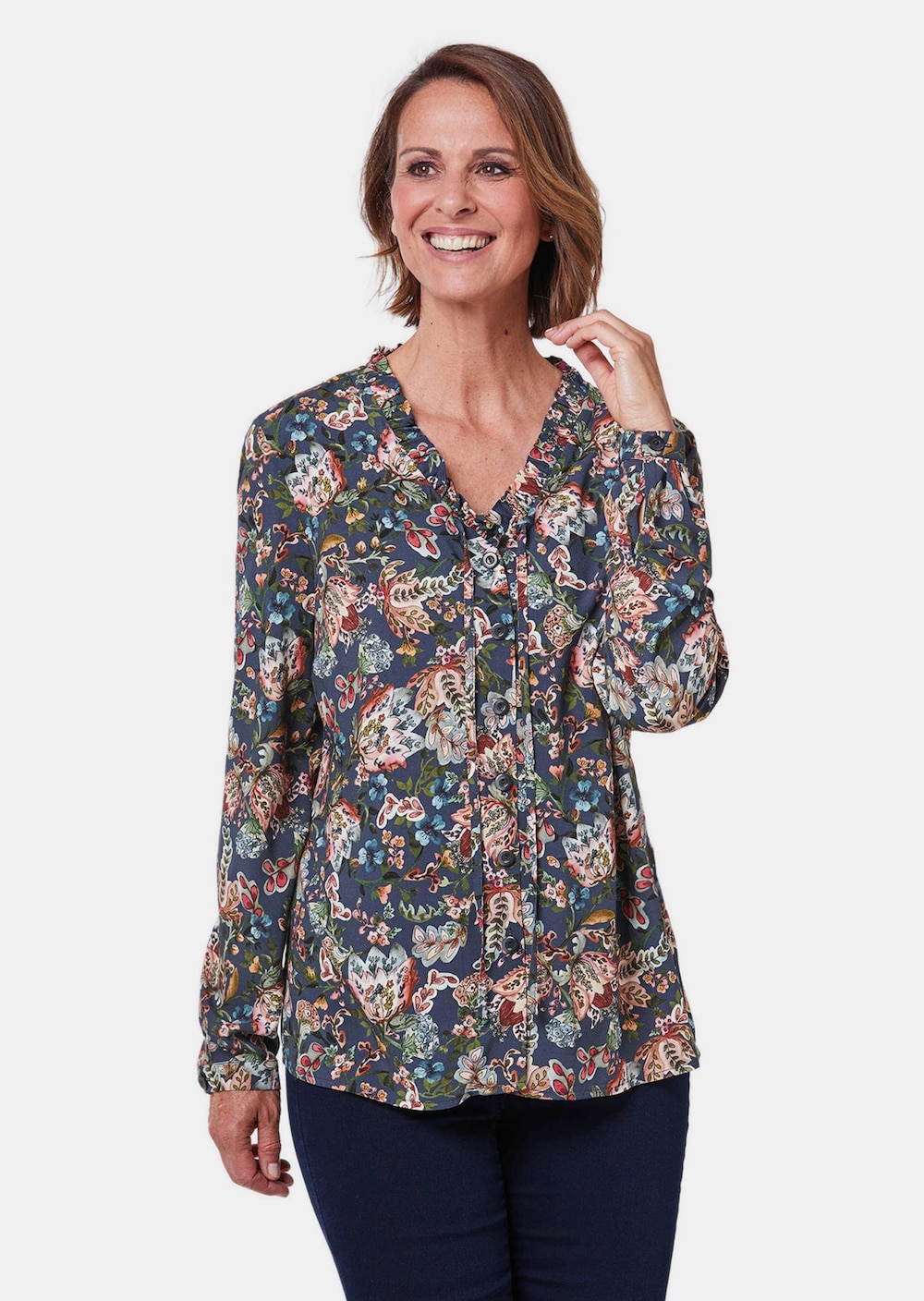 Druckbluse mit Ausschnittlösung